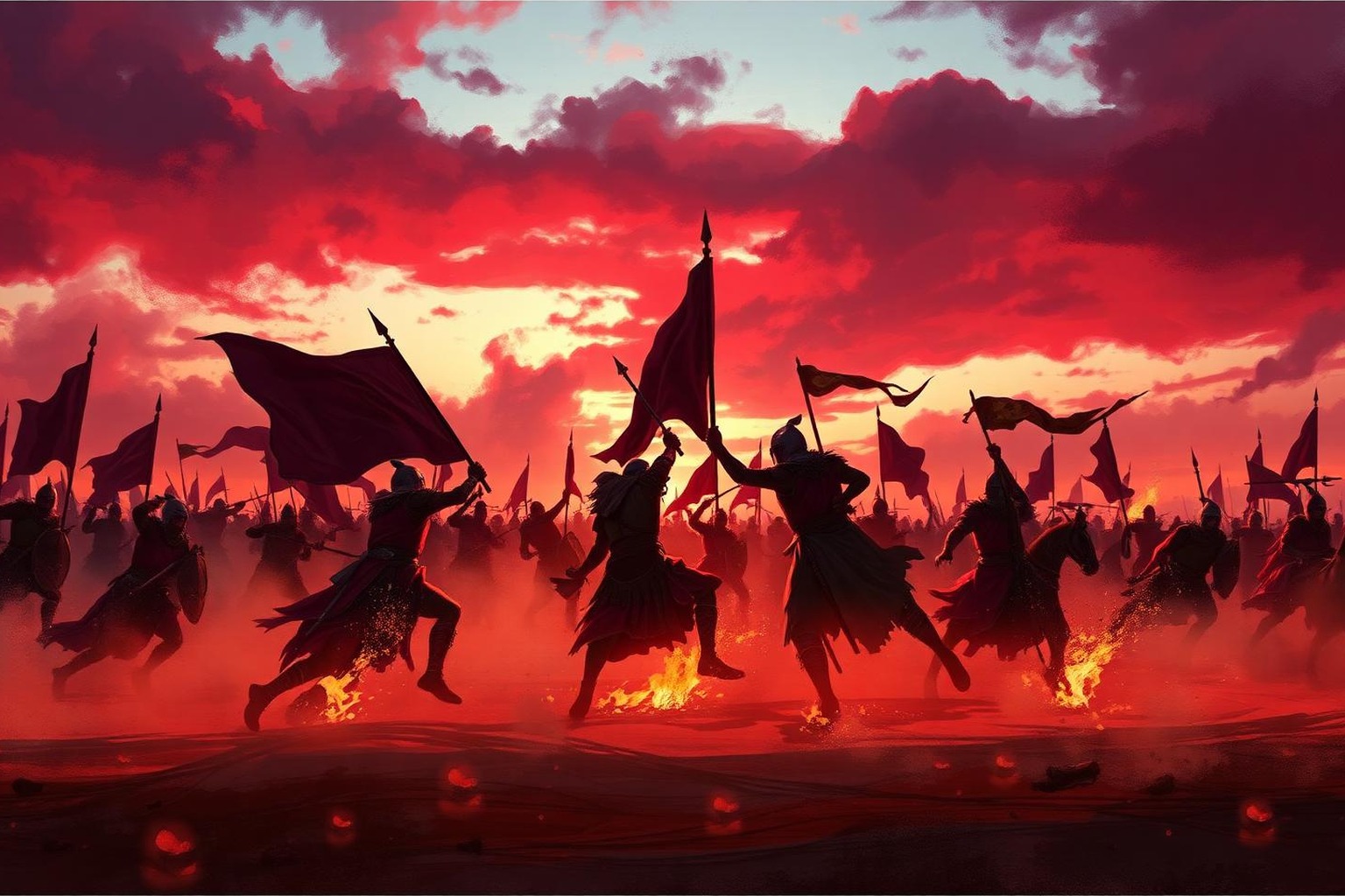 Armies clash beneath a crimson sky