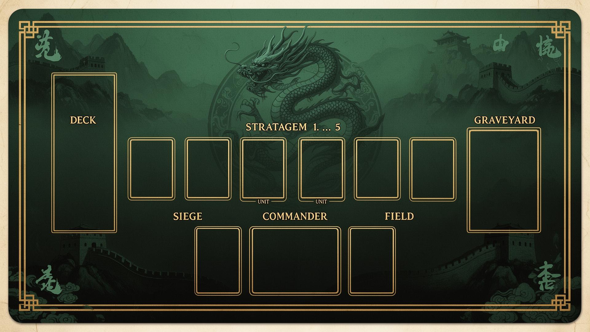 Playmat for Sun Tzu: Jade & Black with Coiled dragon, Great Wall, brush calligraphy.